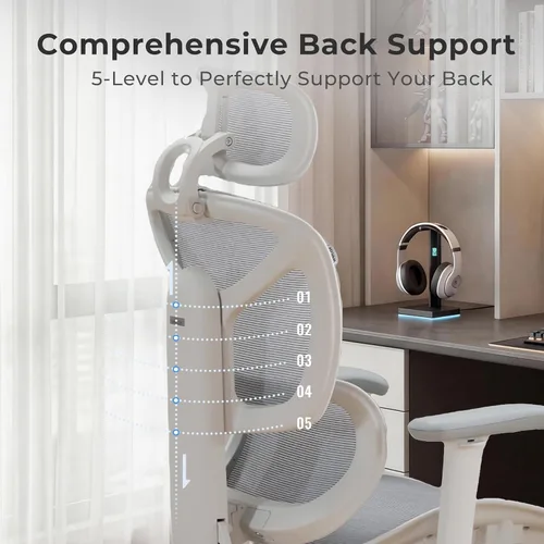 Vista 7 de WELAX Silla de oficina ergonómica sin reposapiés, silla de oficina de malla con reposabrazos y reposacabezas 3D, silla de escritorio S9 con Gris