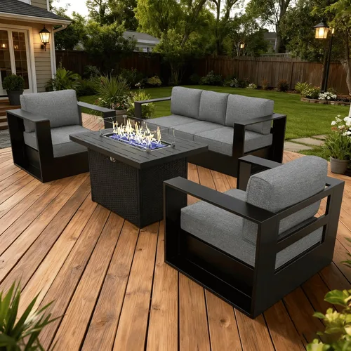 Vista 11 de LayinSun - Juego de muebles de exterior de aluminio de gran tamaño de 5 piezas con mesa auxiliar Negro/Gris oscuro
