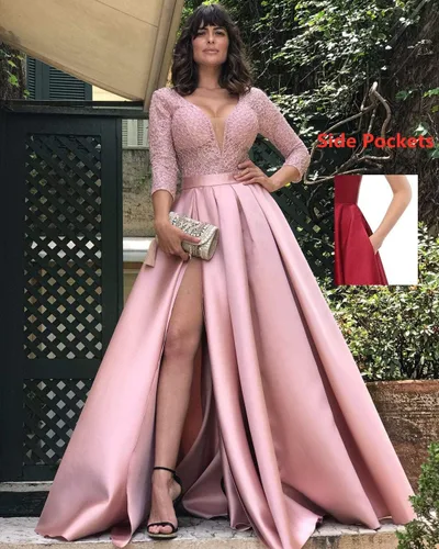 Vista 3 de Vestidos largos de satén para baile de graduación, color rosa con bolsillos, ilusión, escote en V, abertura lateral, vestido formal de encaje simple