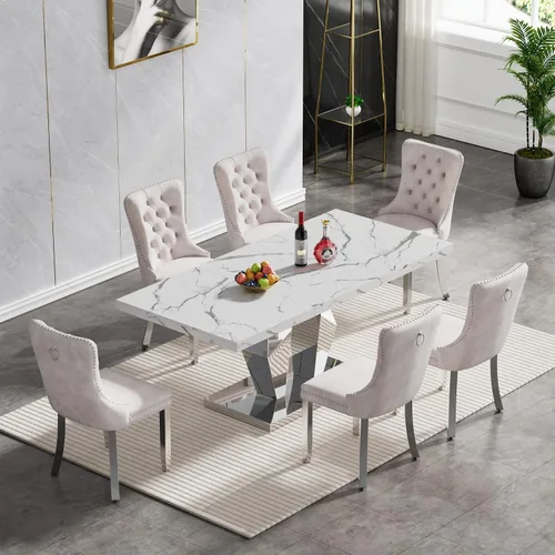 Vista 64 de Juego de mesa de comedor de mármol sintético, 7 piezas, juego de mesa de cocina y comedor para 6, mesa de comedor rectangular blanca de 70 pulgadas