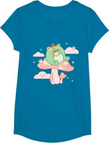 Vista 39 de Kawaii Strawberry Frog On Mushroom - Camiseta de manga corta de anime, Azul / Patchwork, S Azul Pastel