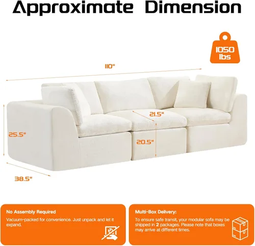 Vista 2 de Sofás de nube beige para sala de estar, sofá deshuesado de 3 plazas, sofá modular seccional, no requiere montaje, tapizado de chenilla, moderno