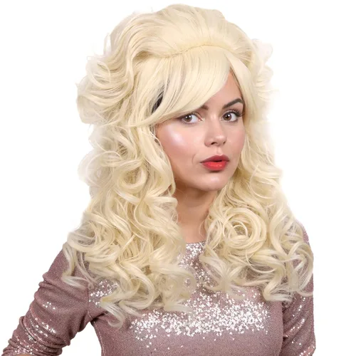 Vista 8 de Peluca rubia larga y rizada con flequillo, peluca de disfraz vintage para mujer Rubio
