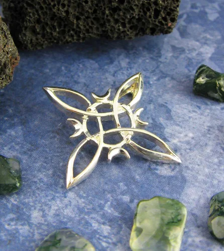Vista 4 de Woot & Hammy Witch's Knot with Four Crescent Moons Pendant, Four Pointed Celtic Knot,100% Sterling Silver, Handmade