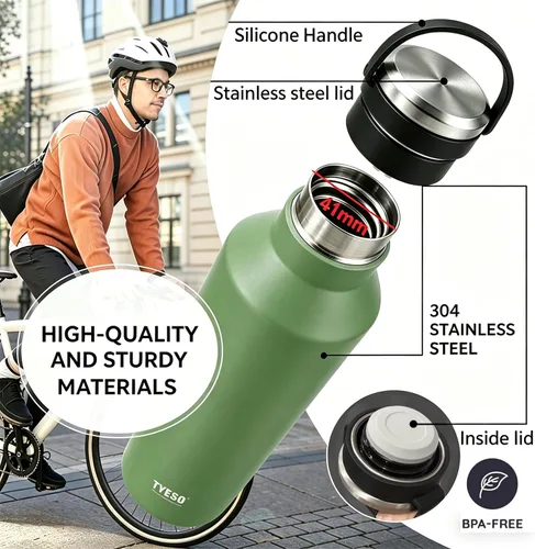 Vista 7 de TYESO Botella de agua de acero inoxidable aislada al vacío, botella de agua aislada con asa de transporte de silicona suave (verde, 25 onzas)