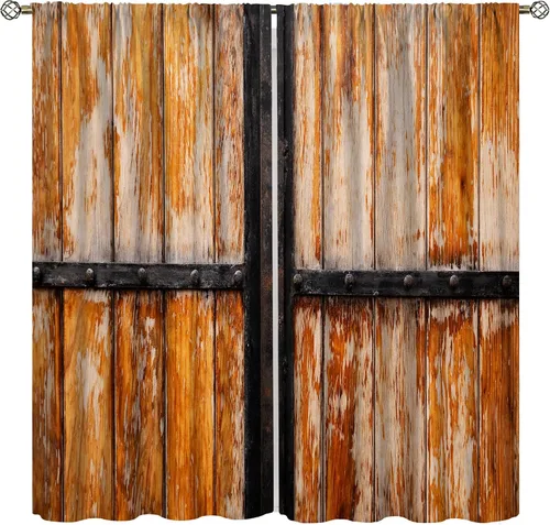 Vista 18 de Cortinas rústicas para dormitorio, puerta de granero antigua, tablero de madera, cortinas para sala de estar, madera rural dura, estilo rural