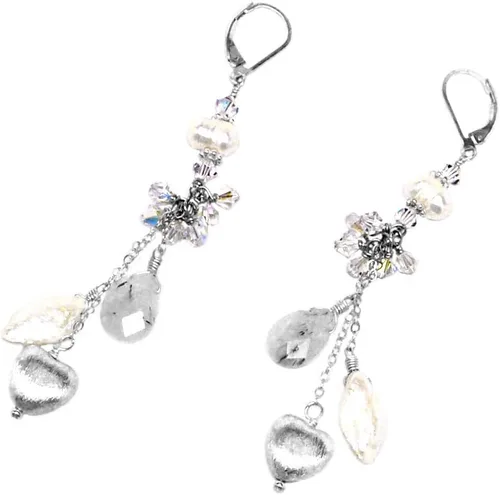 Vista 2 de Rutilated Quartz Cultured Pearl Sterling Silver Heart Chain Dangle Chandelier Earrings