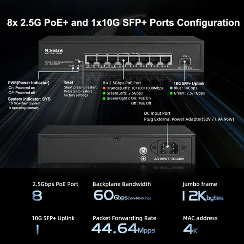 Vista 6 de MokerLink Interruptor PoE Web Gestionado de 8 Puertos 2.5 Gigabit con SFP de 10G, 8 Puertos PoE IEEE802.3af/at, 120W, Interruptor de Red Montable