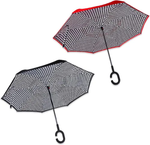Vista 4 de Paraguas invertido negro de doble capa, mango en forma de C, plegable, resistente al viento, para hombres y mujeres