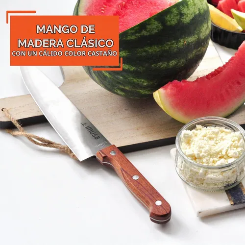 Vista 4 de IMUSA Cuchillo de chef de acero inoxidable de 8 pulgadas con mango de madera Acabado pulido, mango ergonómico de castaño, corte de precisión