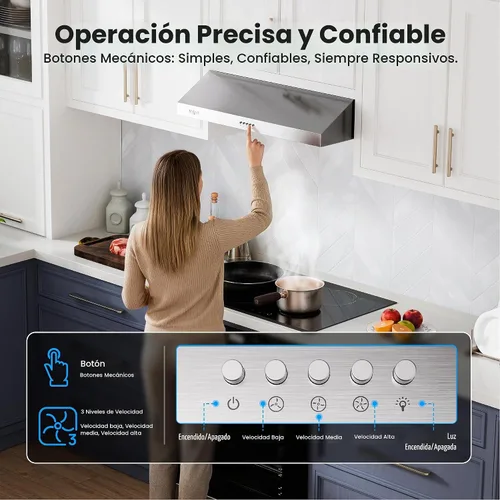 Vista 4 de VIKIO HOME Campana Extractora Bajo Gabinete de 30 Pulgadas, 1200 CFM de Doble Motor para Ventilación de Cocina con Luces LED, Control de Botones