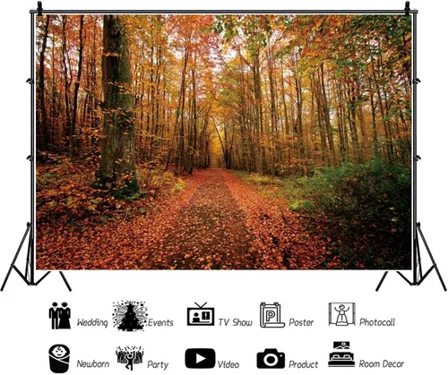 Vista 3 de Laeacco Telones de fondo de bosque otoñal para fotografía de poliéster de 5 x 3 pies, fondo de paisaje natural de otoño, hojas amarillas, camino