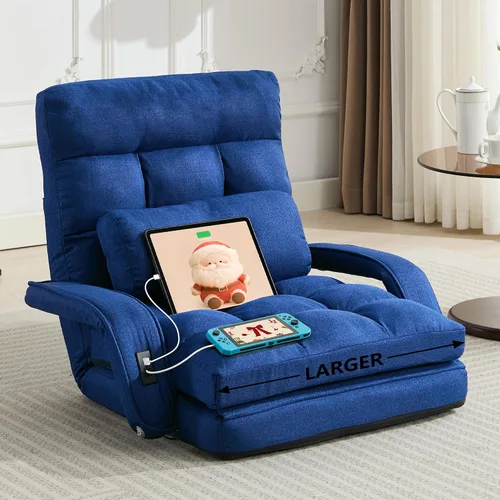 Vista 10 de Cómoda silla de piso con respaldo ajustable, sillas de sofá para juegos (gris) STHOUYN, 2 puertos de carga USB, interior, sofá perezoso, silla