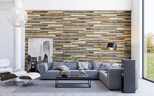 Vista 4 de WoodyWalls - Decoración de pared larga 3D Tablones de madera de teca Paneles únicos hechos a mano Juego de 6 Cambridge premium
