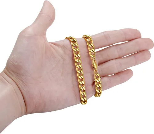 Vista 2 de Collar de cadena de eslabones cubanos de acero inoxidable para hombre, chapado en plataoro de 18 quilates, cadenas planas de corte de diamante