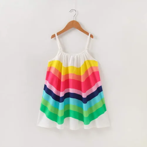 Vista 2 de Vestido de verano para niña pequeña, con correa de rayas de arco iris, falda de sol para playa