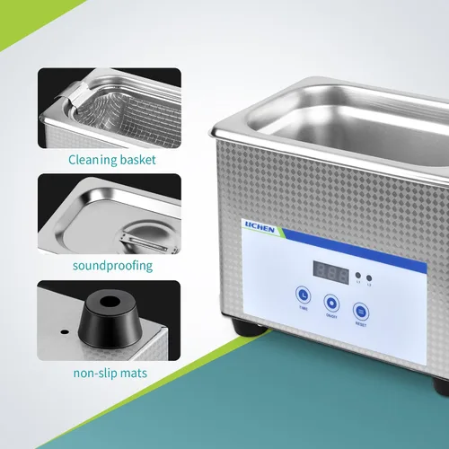 Vista 2 de LICHEN Limpiador ultrasónico profesional de 0.8L limpiador ultrasónico de piezas con temporizador digital, máquina de limpieza de joyas de acero