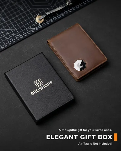 Vista 6 de Billetera AirTag para hombre, de piel auténtica plegable con bloqueo Rfid AirTag con ranuras para efectivo y ventana de identificación, compatible