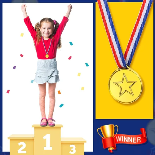 Vista 4 de Sotiff Medallas ganadoras de plástico para niños, medallas de oro para fiestas, juegos, deportes, disfraces y más, 1.4 x 1.7 pulgadas
