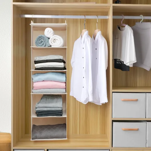 Vista 3 de Organizador colgante grande para suéteres para armario, con 6 estantes colgantes plegables y cajones, lavable (Beige - 5 estantes)