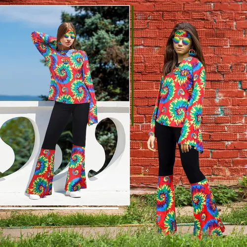 Vista 6 de Jiuguva Conjunto de 17 piezas de disfraz hippie de los años 60 y 70 para mujer, vestido de discoteca, pantalones bohemios, acampanados, camisa