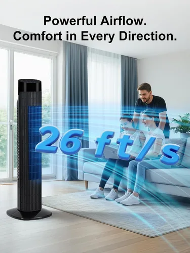 Vista 2 de Uthfy Ventilador de torre para dormitorio, ventilador oscilante de 120° con modo de sueño silencioso, 3 velocidades y 3 modos, temporizador 7.5H