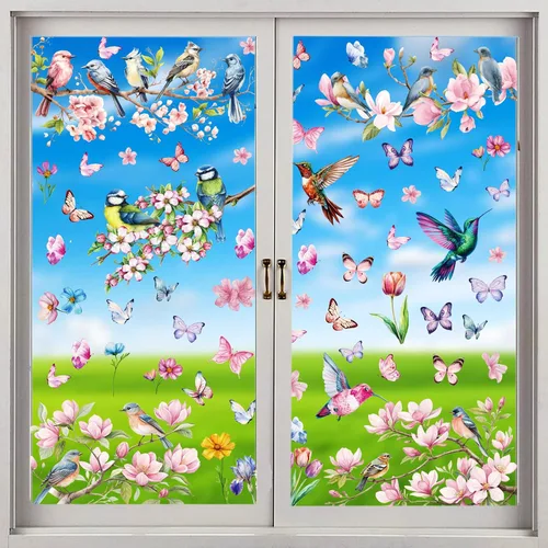 Vista 14 de Calcomanías de primavera para ventana, encanta tus ventanas de cristal con 127 piezas en 9 hojas, diseños de tulipanes, mariposas y flores para una
