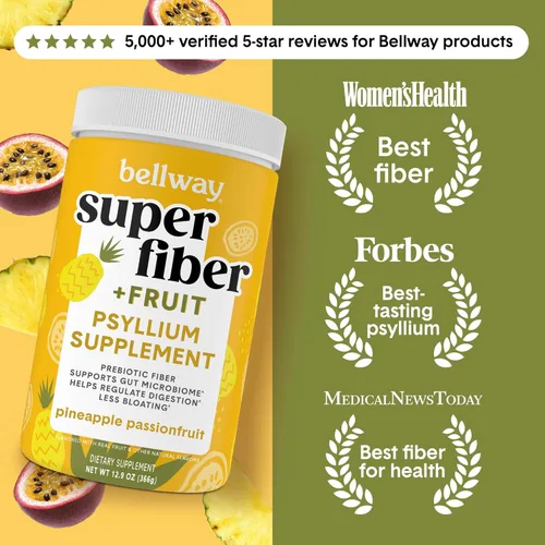 Vista 2 de Bellway Polvo súper fibra + fruta, sin azúcar, suplemento de fibra en polvo de cáscara de psyllium orgánico para regularidad, alivio de la hinchazón