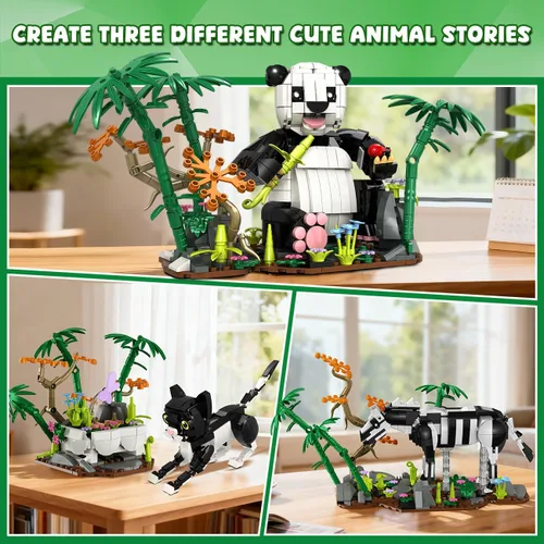 Vista 2 de HiWEEGO Juego de construcción de animales salvajes 3 en 1 - Figuras de animales con 3 opciones de construcción Panda Gato Cebra, juguete de bloques