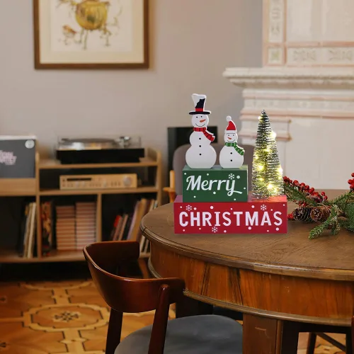 Vista 7 de Decoración de Navidad Feliz para interiores, letrero de mesa de muñeco de nieve de madera de Navidad, decoración de árbol de Navidad iluminada