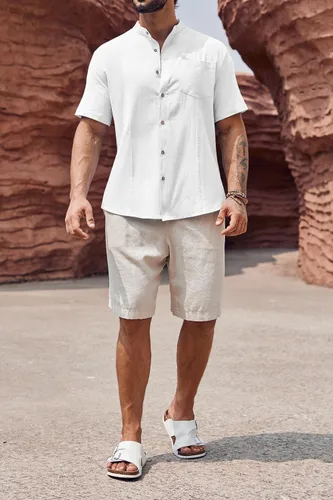 Vista 4 de Makkrom Camisa guayabera de lino para hombre, con botones, manga corta, casual, cubana, mexicana, cuello de banda, tops de verano para la playa