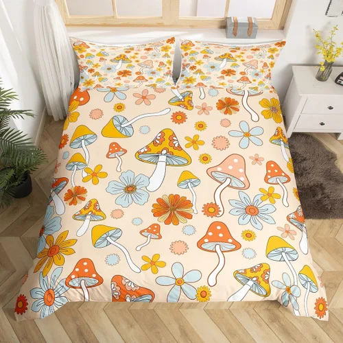 Vista 11 de Groovy Flowers - Funda de edredón de flores hippy girl, juego de ropa de cama con diseño de flores de arco iris, espiral, rayas, floral, juego