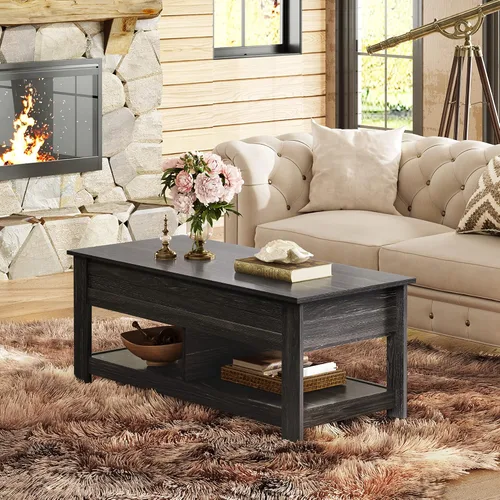 Vista 6 de WLIVE - Mesa de centro con parte superior elevable de 47", mesa de centro con compartimento oculto y 2 estantes de almacenamiento para sala de Roble