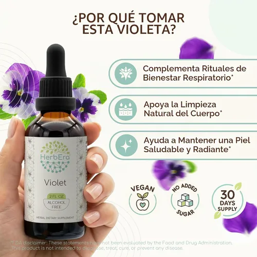 Vista 2 de HerbEra - Tintura de extracto líquido sin alcohol violeta - Soporte linfático, hoja seca tricolor de viola, gotas respiratorias, vegano, suplemento
