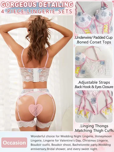 Vista 3 de popiv Conjunto de lencería floral para mujer, brasier y calzón con liguero de encaje