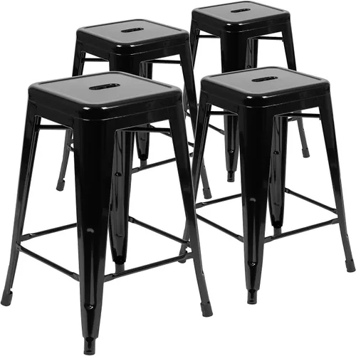 Vista 40 de Taburete de 24 pulgadas de alto para interior y exterior con asiento cuadrado., Metal, Negro