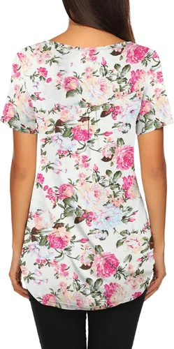 Vista 5 de Blusón plisado de manga corta con estampado floral y cuello Henley en V para mujer, con vuelo.
