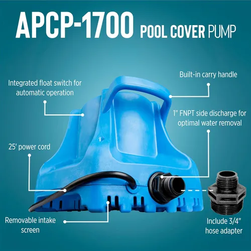 Vista 3 de Little Giant APCP-1700 Bomba de cubierta de piscina de 115 voltios, 1/3 HP, 1745 GPH, automática, sumergible, con cable de 25 pies, azul claro