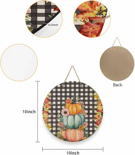 Vista 6 de Seasonal Front Door Welcome Sign, Pumpkin Thanksgiving Floral Maple Leaf Round Wood Wreaths Wall Hanging Sign for Outdoor Porch Wall Pediments Home