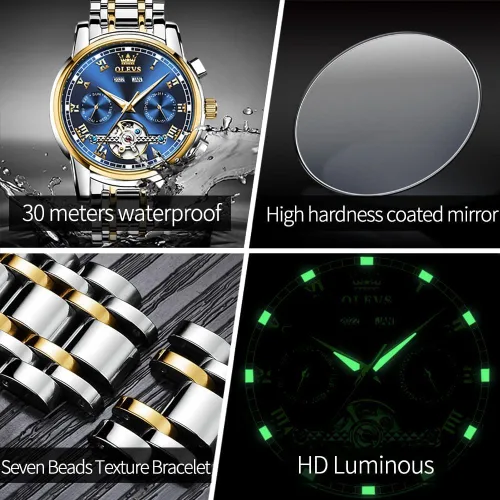 Vista 5 de OLEVS Reloj automático para hombre, cuerda automática, mecánica, de lujo, de acero inoxidable, multicalendario, impermeable, luminoso, reloj