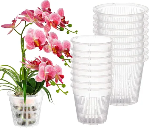 Vista 8 de Maceta de orquídeas de 4 pulgadas con agujeros, 12 macetas de plástico transparente para orquídeas, ranuradas para trasplantar red transparente