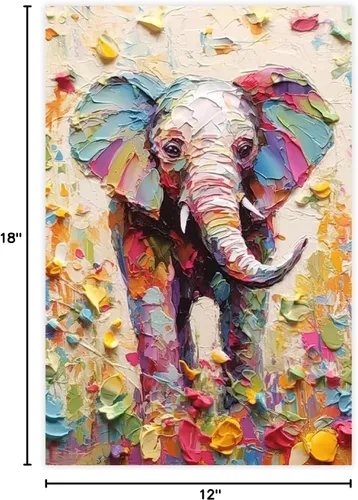 Vista 6 de Fyzuf Arte de pared de elefante - Pintura al óleo sobre lienzo, estilo cubismo, estética de elefante colorido, 12 x 18 pulgadas (11.8 x 17.7 in) sin