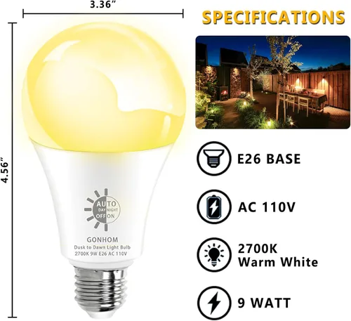 Vista 7 de Gonhom Paquete de 2 Bombillas de Luz del Atardecer al Amanecer para Exteriores, Blanco Cálido 2700K, 720LM, 9W (Equivalente a 60W) A19 E26 Bombillas