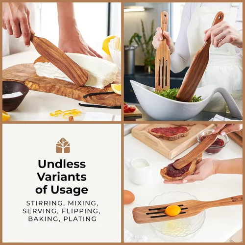 Vista 7 de Juego de 5 espátulas de teca, herramientas de cocina de madera, utensilios de cocina antiadherentes para servir, agitar, mezclar, raspar, recoger