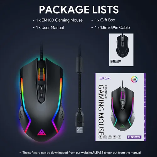 Vista 7 de EKSA Mouse para juegos mouse ergonómico con cable con 7 botones programables retroiluminación Chroma RGB 6 y ajustable 8000 DPI para jugadores de PC