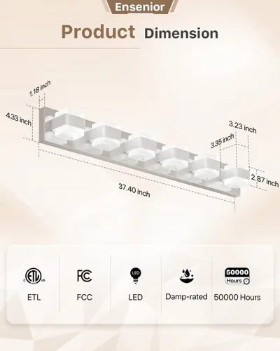 Vista 5 de Ensenior Lámparas de tocador de baño sobre espejo (6 luces-37.4 pulgadas), iluminación moderna cromada regulable, acero inoxidable acrílico, luz