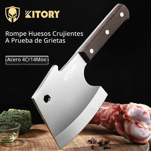 Vista 2 de Kitory Cuchilla de carne, cuchillo de corte de huesos resistente, hoja súper gruesa en forma de hachas de espiga completa, rompe huesos, cuchillo
