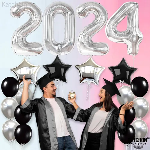 Vista 6 de Globos plateados 2025 y estrella, negro y confeti