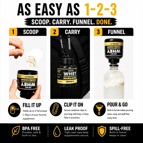Vista 5 de OnMyWhey - Llavero de embudo de proteína en polvo y suplemento, contenedor portátil para el gimnasio, entrenamientos, fitness y viajes - Aprobado