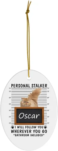 Vista 2 de Personal Stalker I Will Follow You - Gato persa de canela con nombre personalizado, adornos de Navidad 2023 ovalados de cerámica blanca, regalo